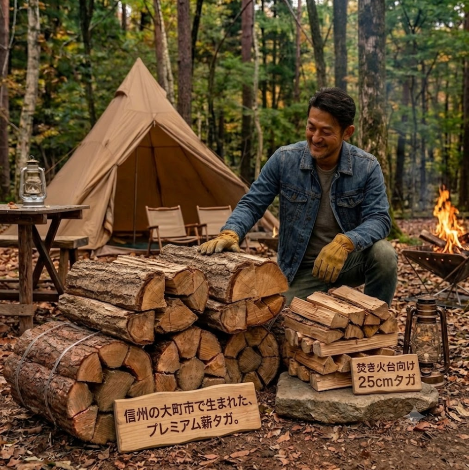 森林のキャンプ場に並べられたタガと焚き火用タガ